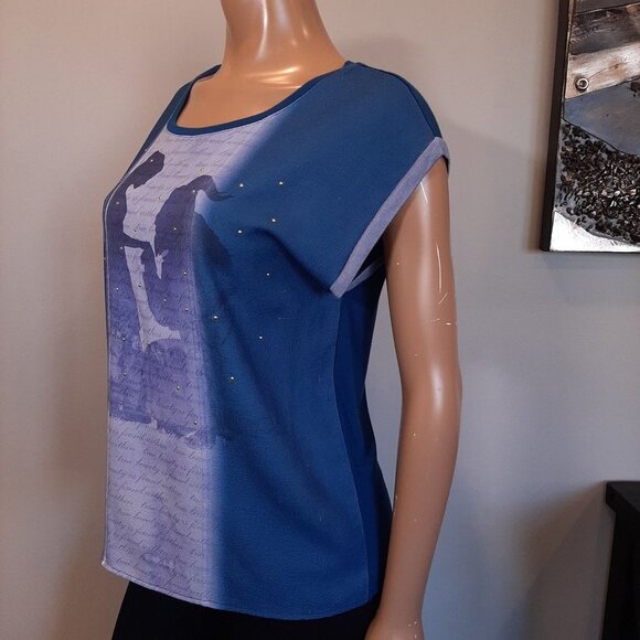 Disney Beauty And The Beast Studded Graphic Top Womens Size Medium Blue Tshirt - Picture 2 of 11